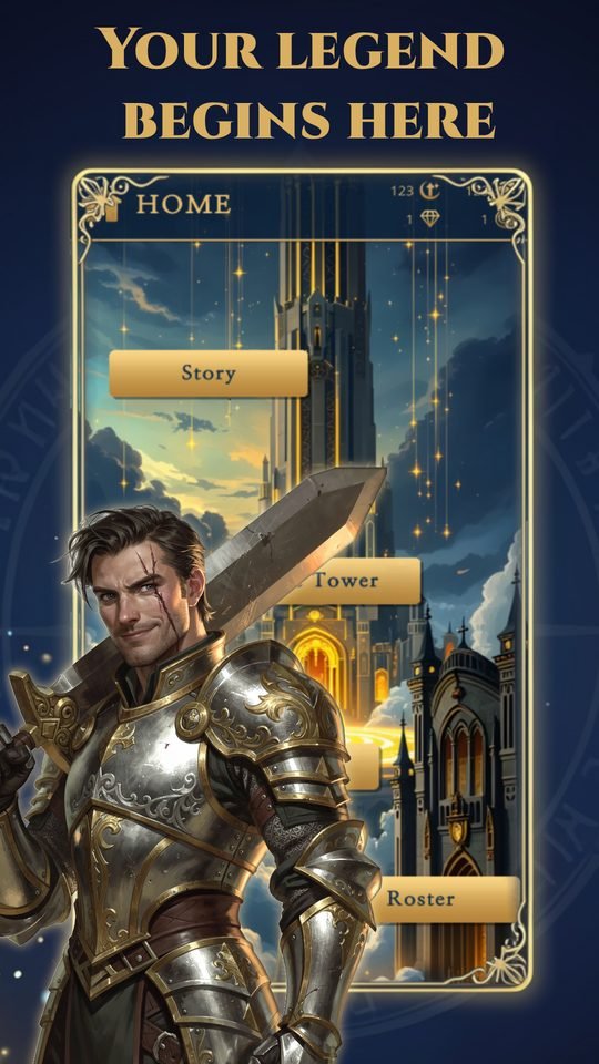 Hero Echoes home screen with an armoured hero