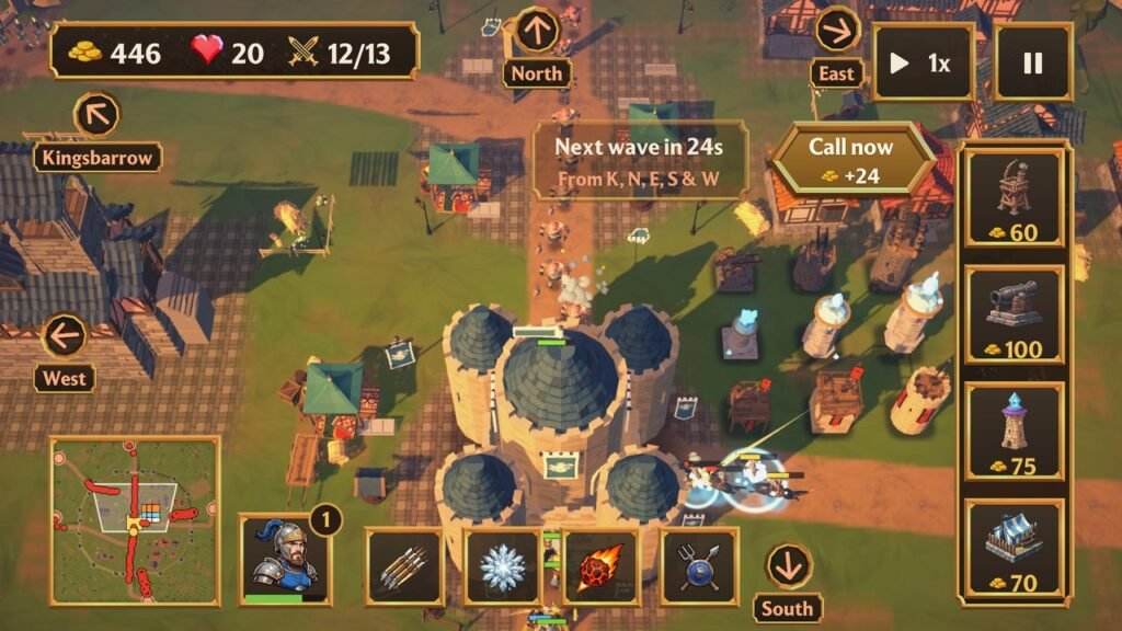 Roadsend battle: roads meet at a castle while towers fire on attackers