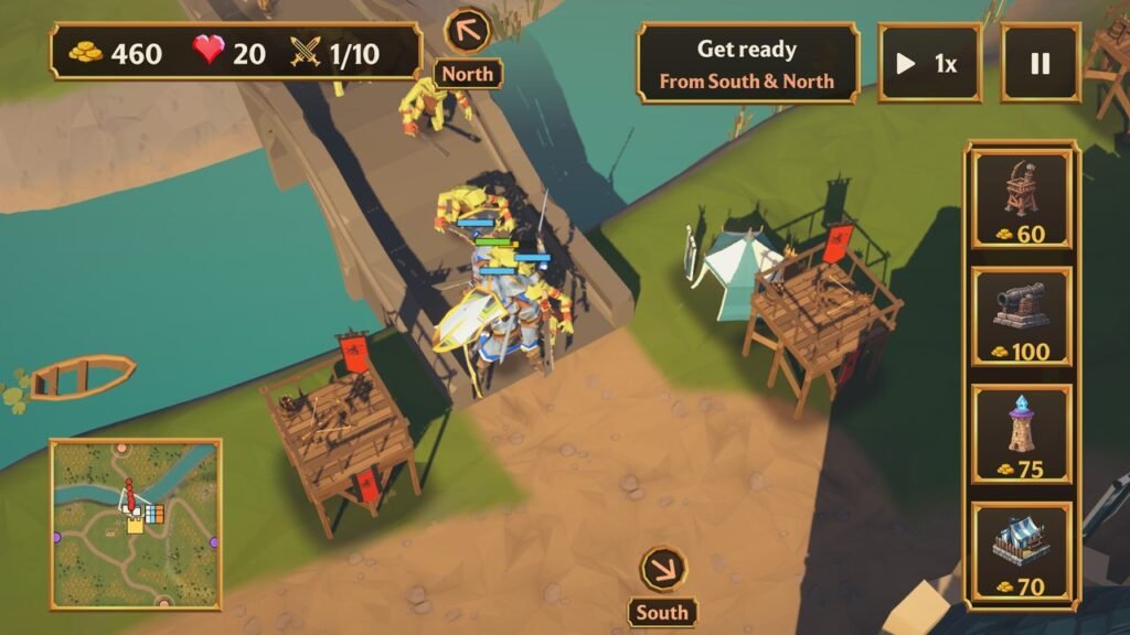 Soldiers hold a stone bridge over a river against goblins