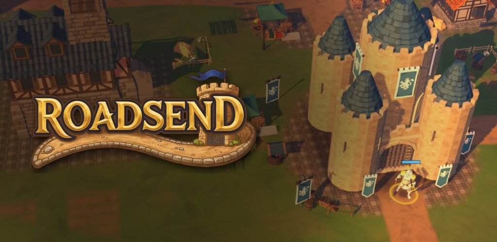 The Roadsend logo over a sunny meadow where winding roads lead to a castle guarded by towers