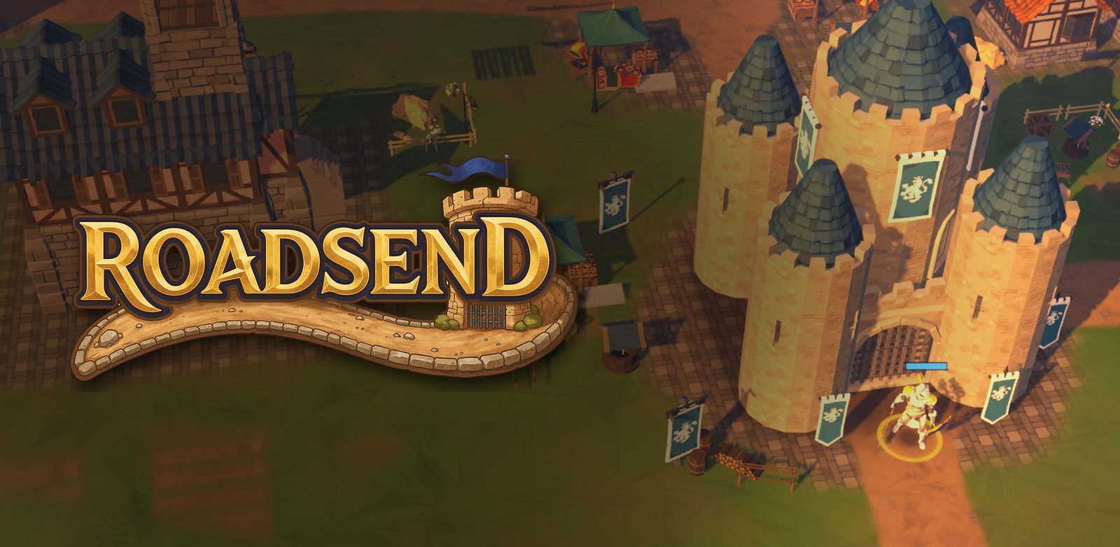 The Roadsend logo over a sunny meadow where winding roads lead to a castle guarded by towers